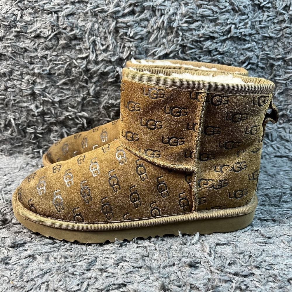 UGG Classic Mini II Embossed Chestnut Suede Sheepskin Ankle Boots Size 5